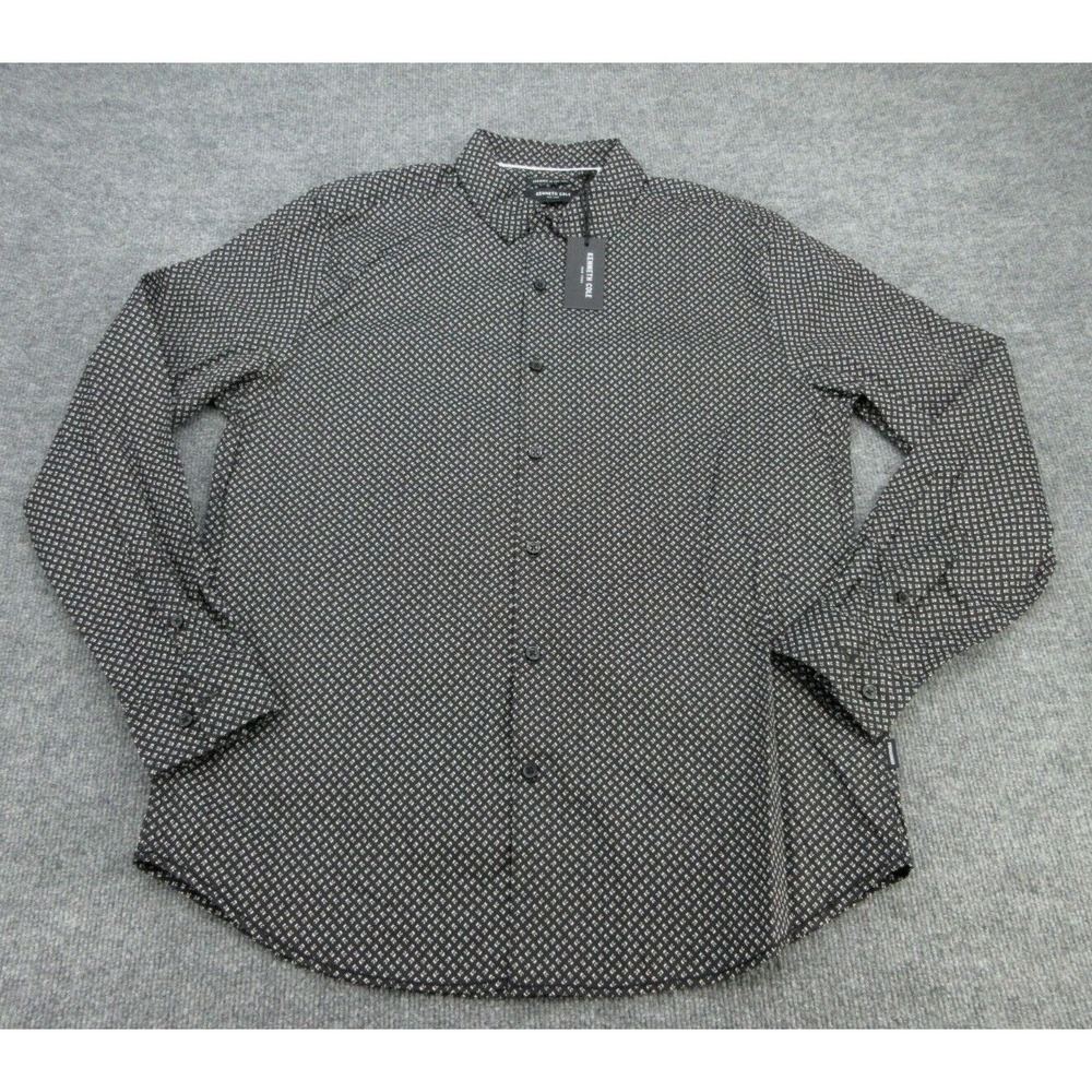Kenneth Cole Mens Button Front Shirt NWT Regular Black Monogram Logo L
